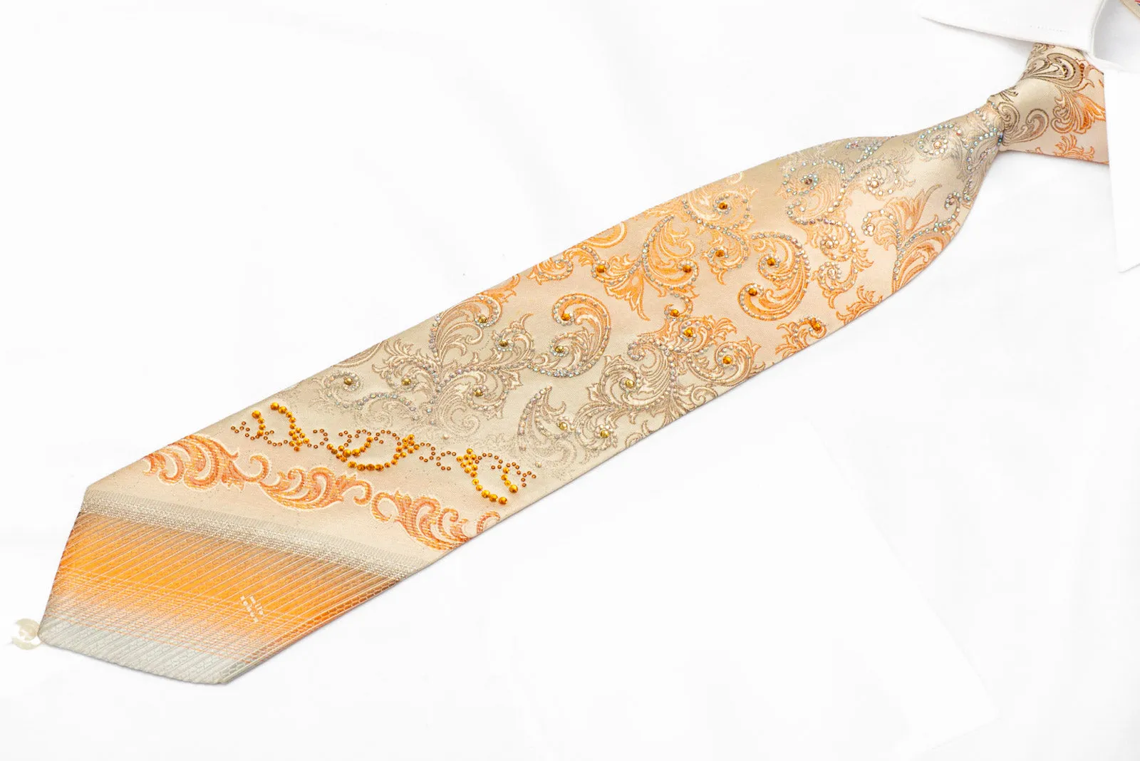 Acanthus On Peach Rhinestone Silk Necktie With Silver Sparkles