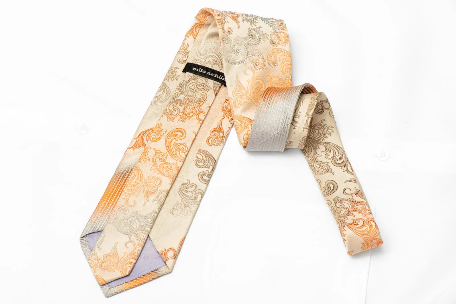 Acanthus On Peach Rhinestone Silk Necktie With Silver Sparkles