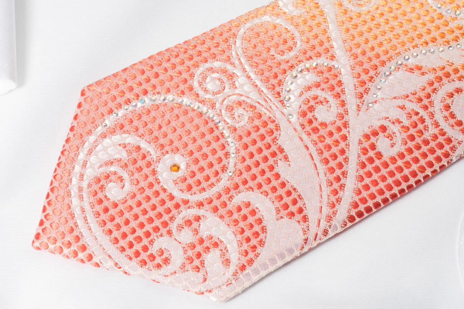 Austin Reed Men's Silk Rhinestone Necktie Scrolls On Orange With Silver Sparkles