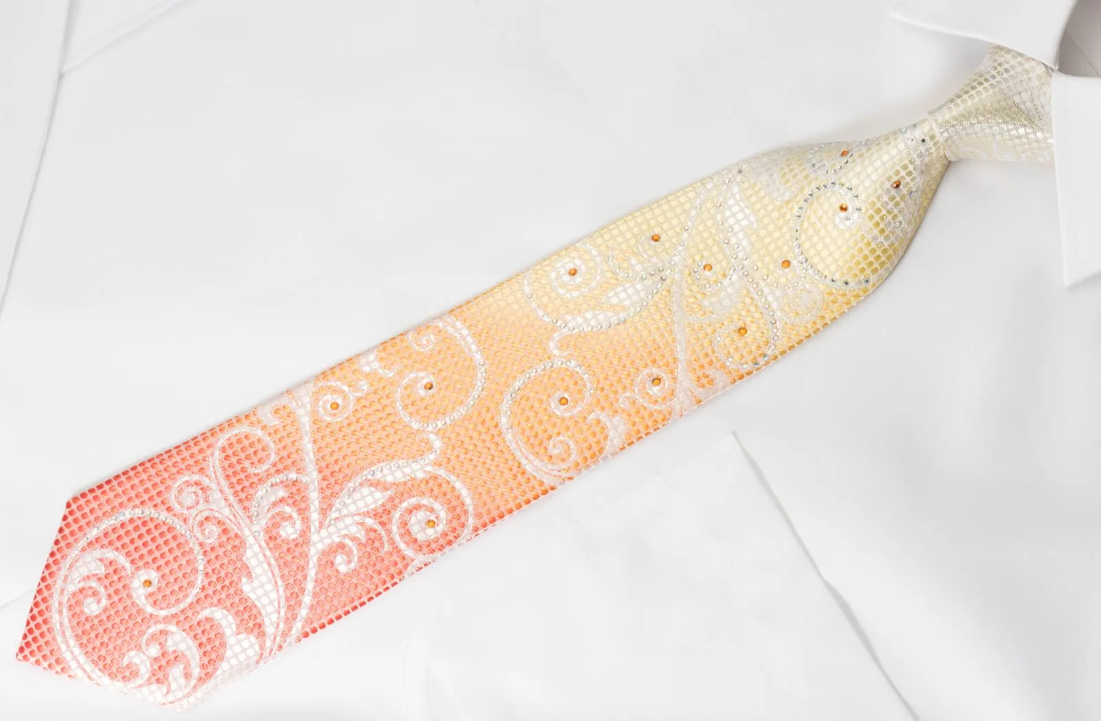 Austin Reed Men's Silk Rhinestone Necktie Scrolls On Orange With Silver Sparkles