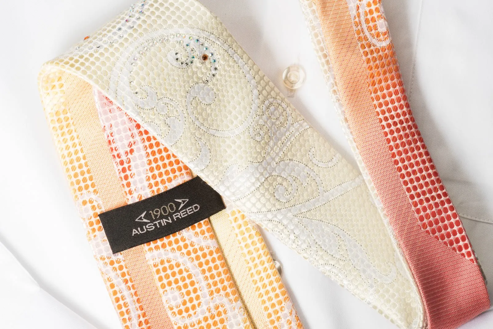 Austin Reed Men's Silk Rhinestone Necktie Scrolls On Orange With Silver Sparkles