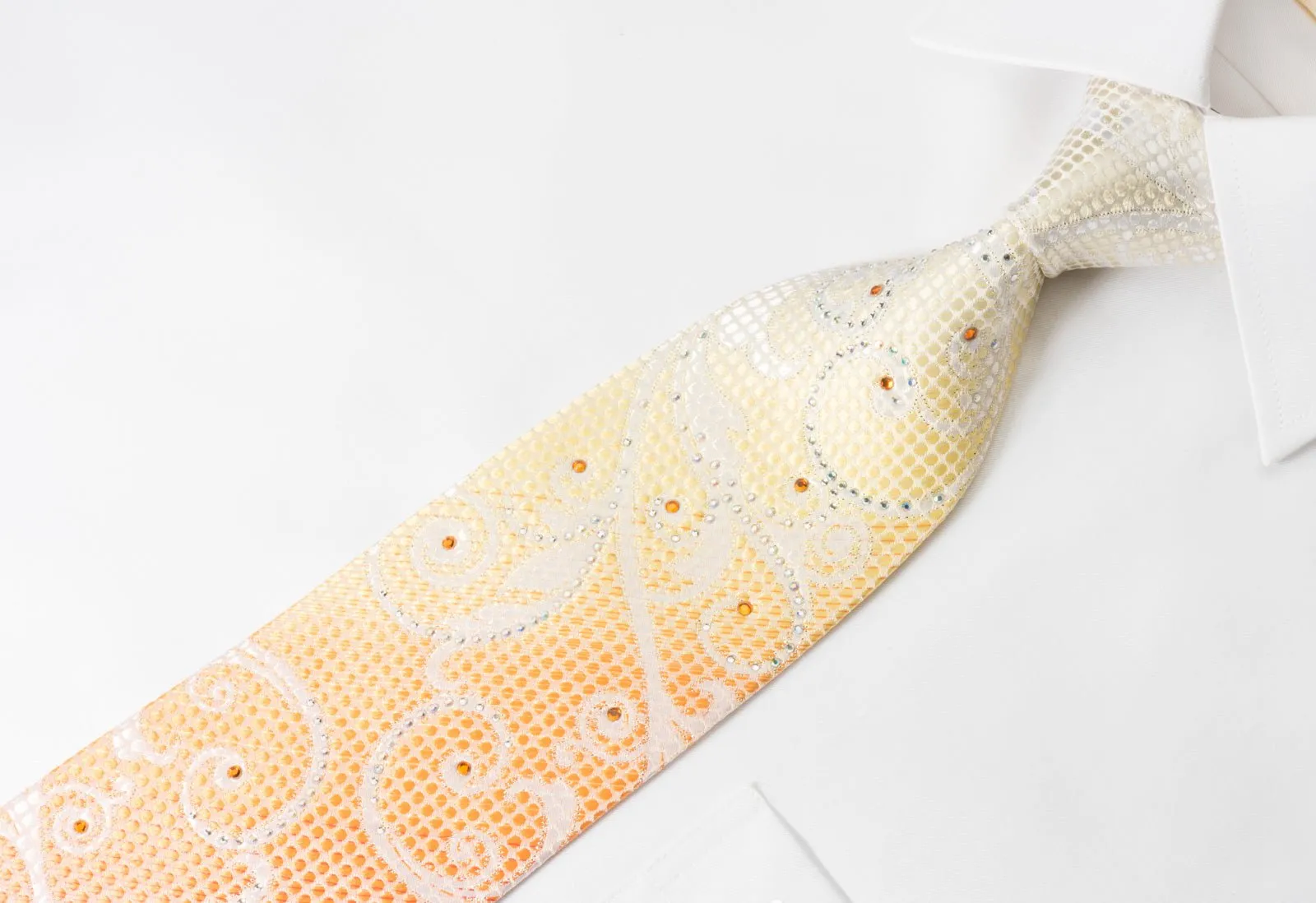 Austin Reed Men's Silk Rhinestone Necktie Scrolls On Orange With Silver Sparkles