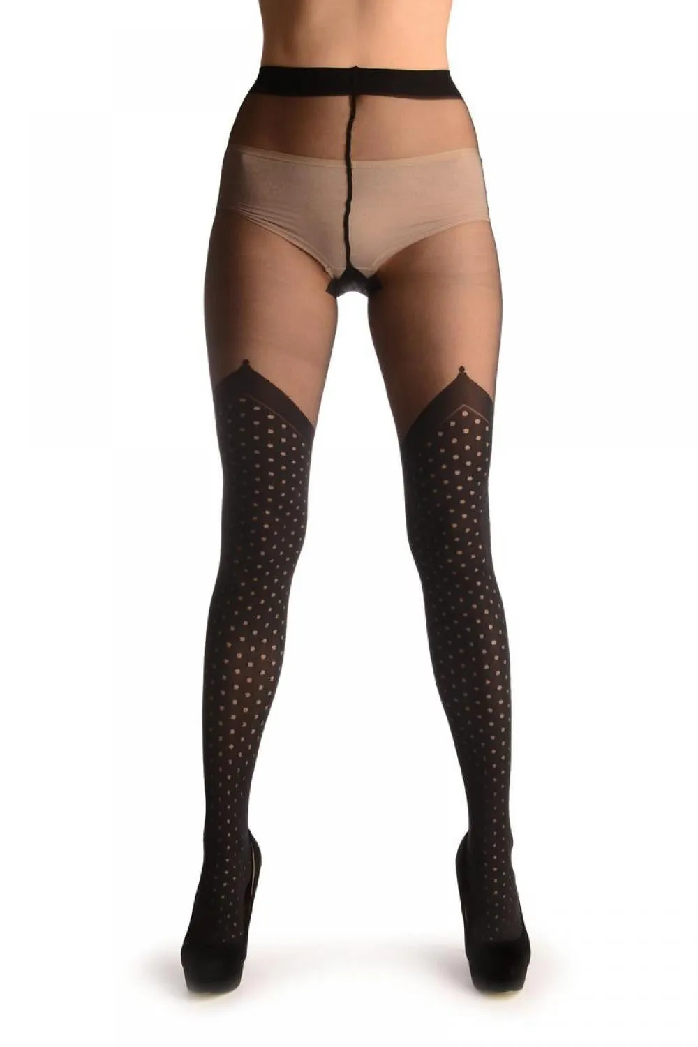 Black Opaque Faux Stockings With Transparent Polka Dot