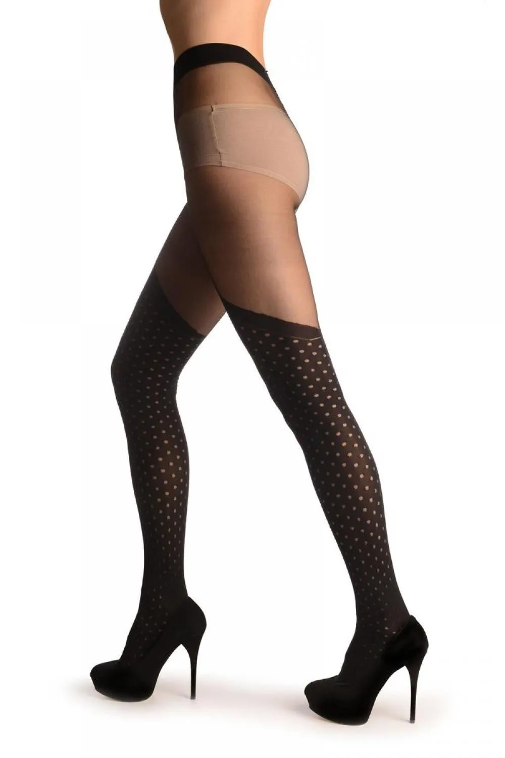 Black Opaque Faux Stockings With Transparent Polka Dot