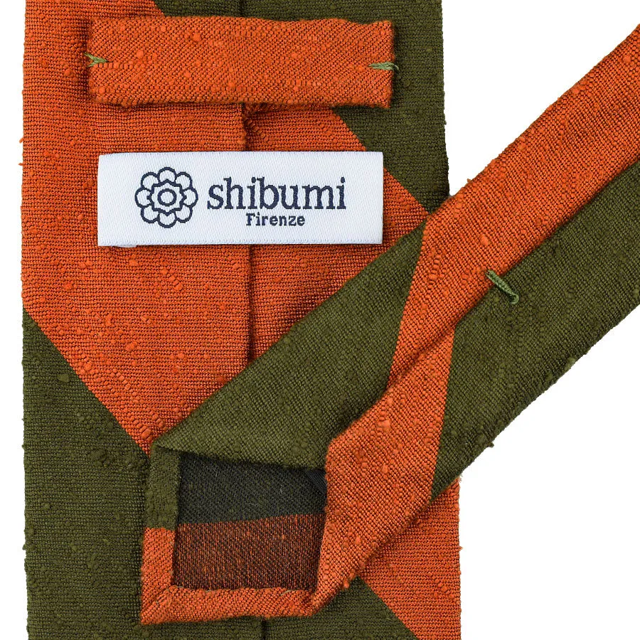Block Stripe Shantung Silk Tie - Orange / Olive