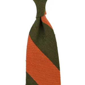 Block Stripe Shantung Silk Tie - Orange / Olive