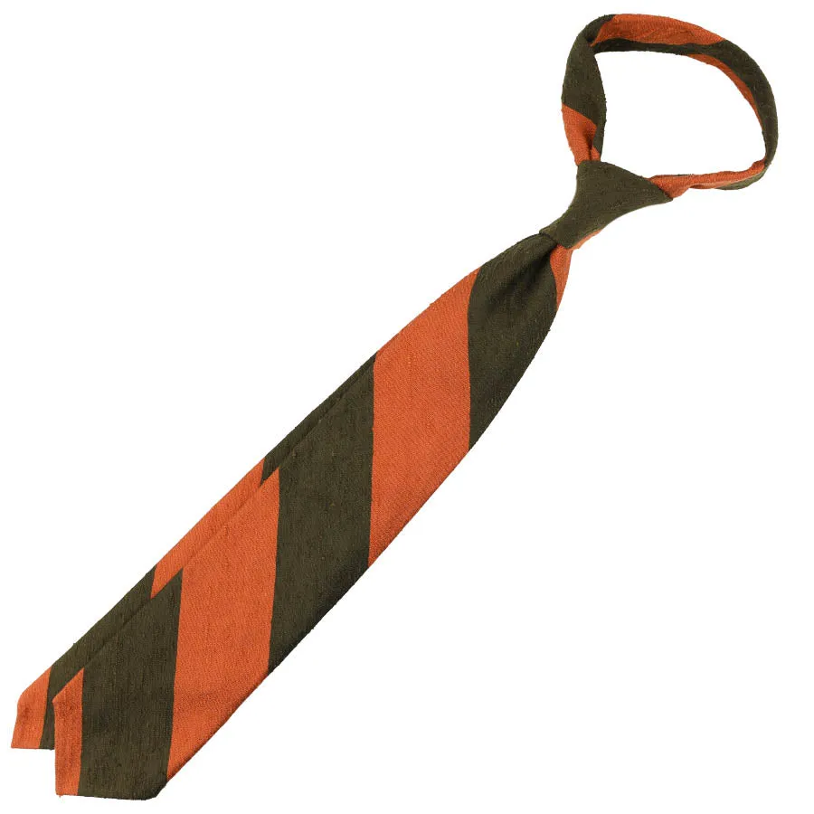 Block Stripe Shantung Silk Tie - Orange / Olive