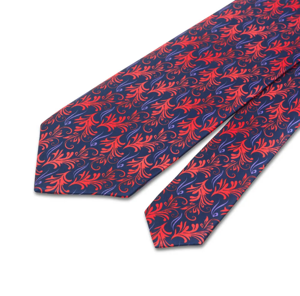 Blue and Red Acanthus Leaves Duchesse Silk Tie