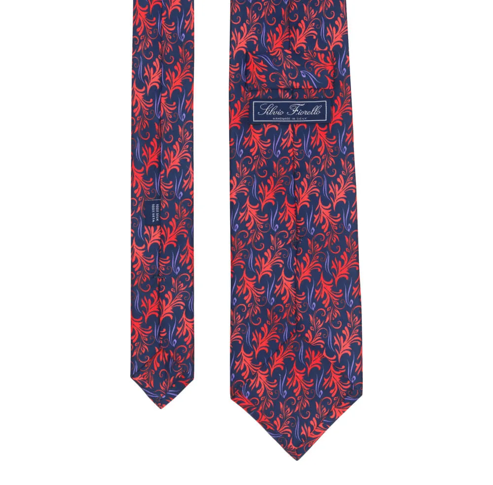 Blue and Red Acanthus Leaves Duchesse Silk Tie