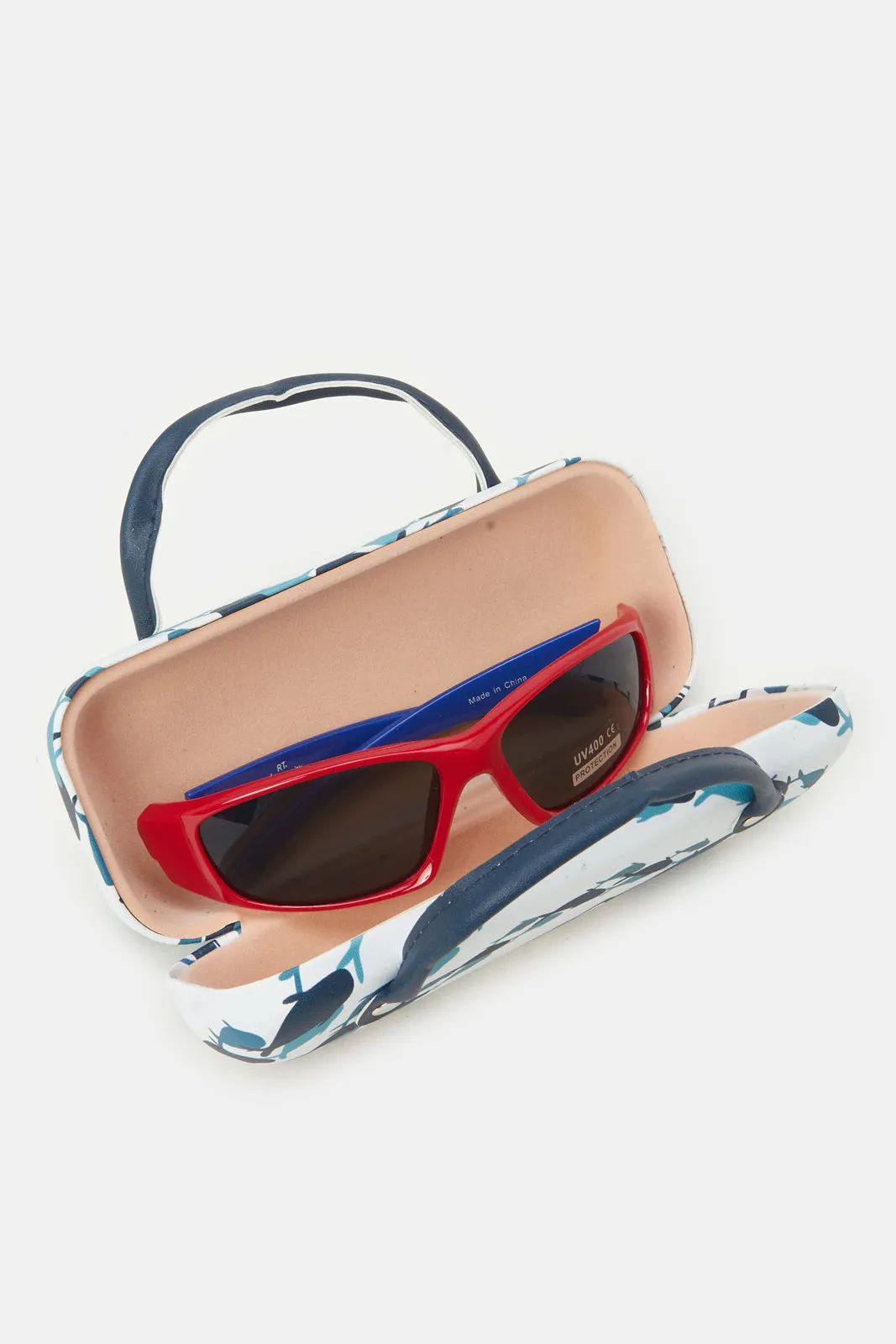 Boys Red And Blue Wayfarer Sunglasses With Printed Case (2 Piece)
