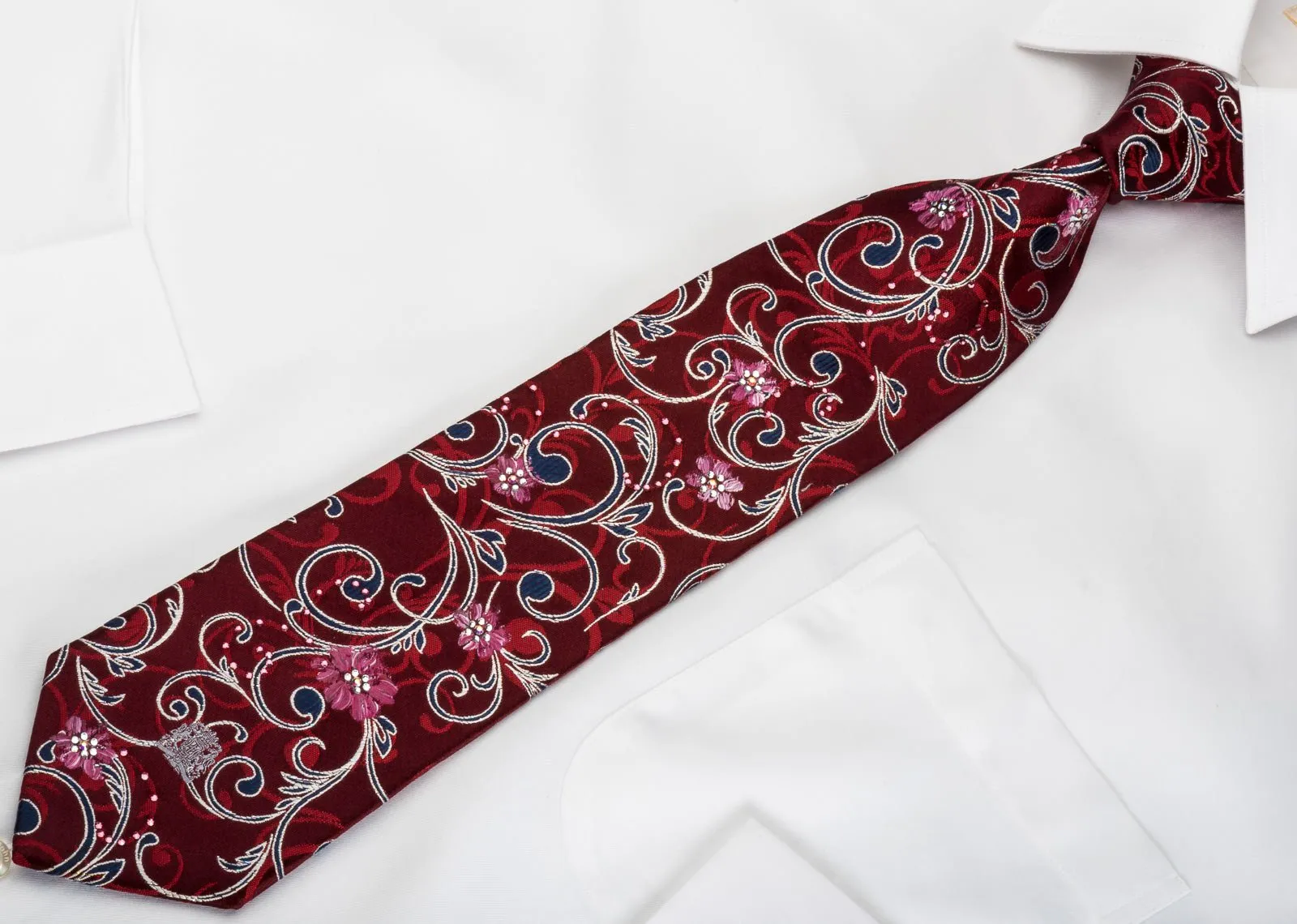 Cabrini Rhinestone Silk Necktie Floral On Burgundy With Silver Sparkles
