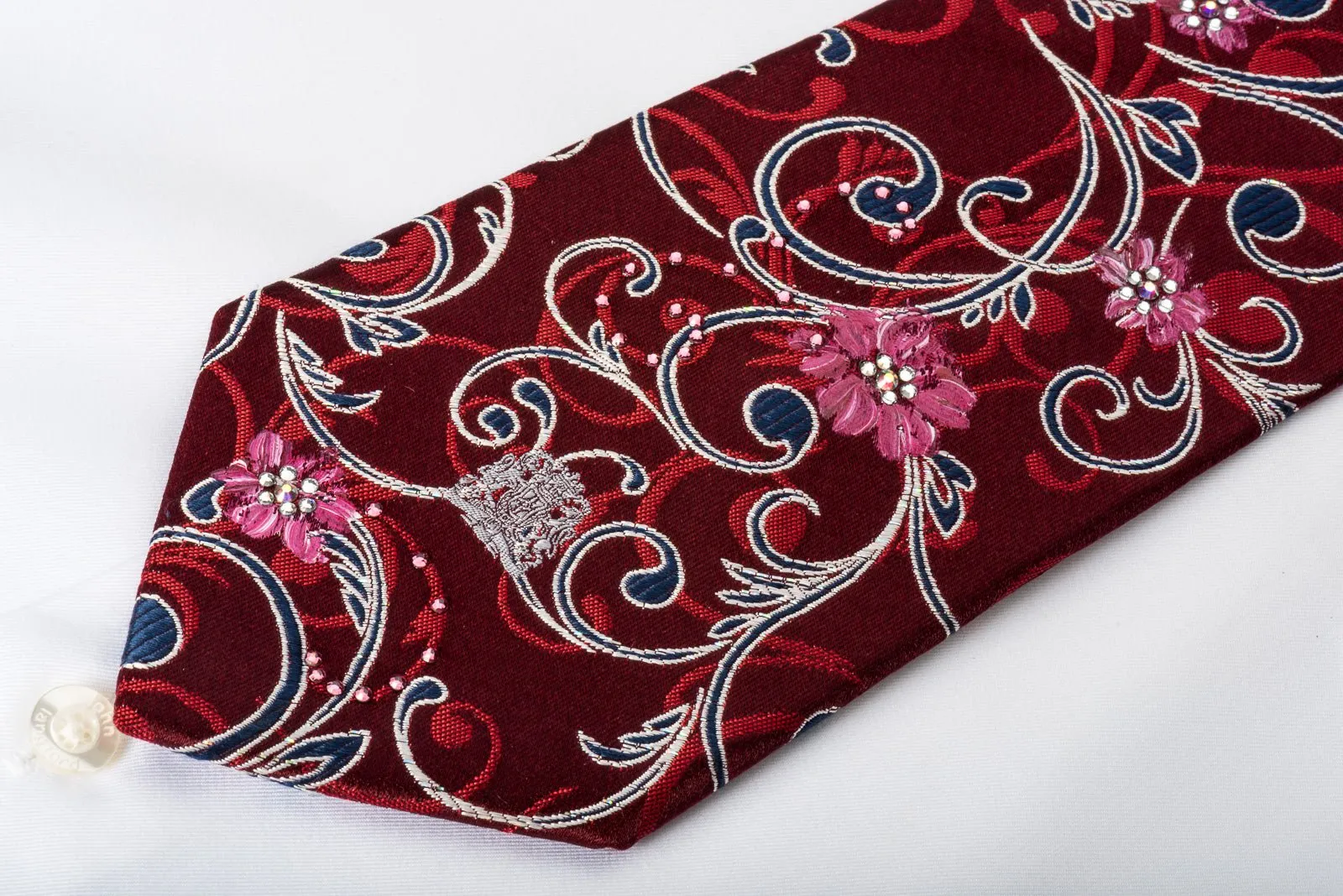 Cabrini Rhinestone Silk Necktie Floral On Burgundy With Silver Sparkles