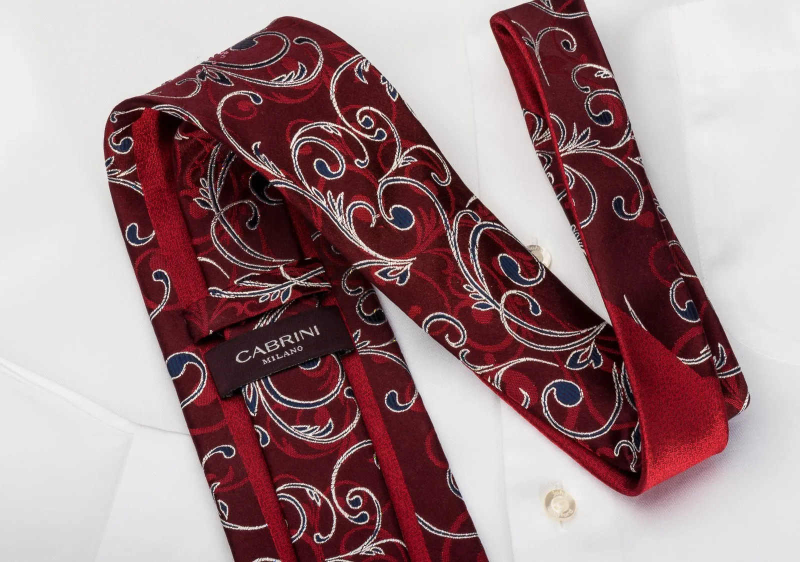 Cabrini Rhinestone Silk Necktie Floral On Burgundy With Silver Sparkles