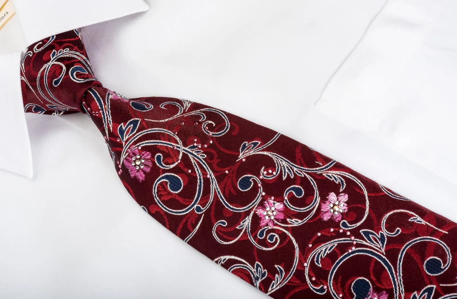 Cabrini Rhinestone Silk Necktie Floral On Burgundy With Silver Sparkles