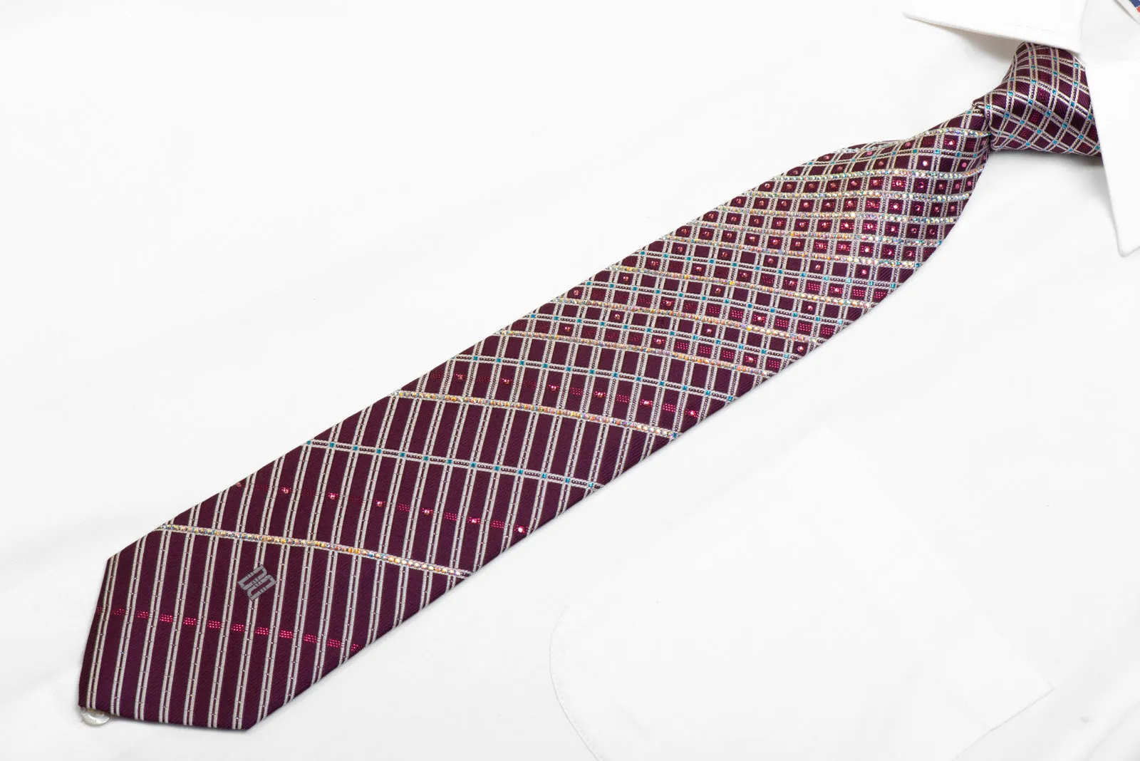 Daks Rhineswtone Silk Necktie Silver Striped On Purple With Sparkles