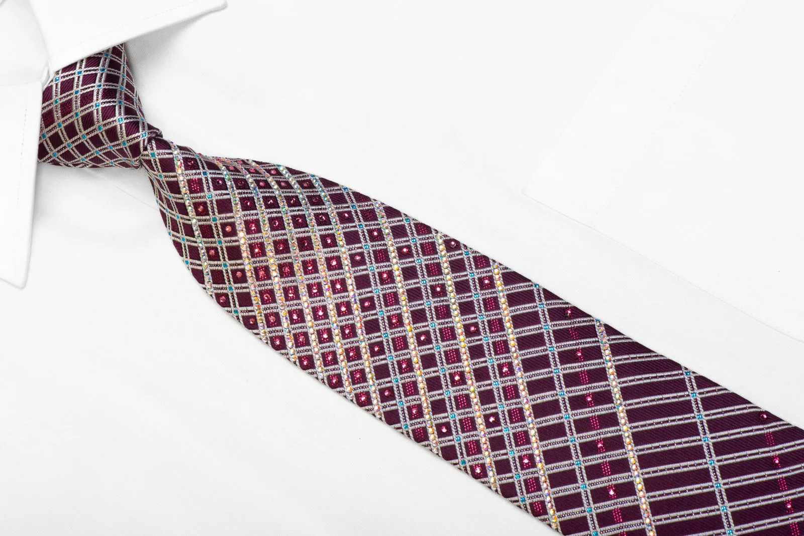Daks Rhineswtone Silk Necktie Silver Striped On Purple With Sparkles
