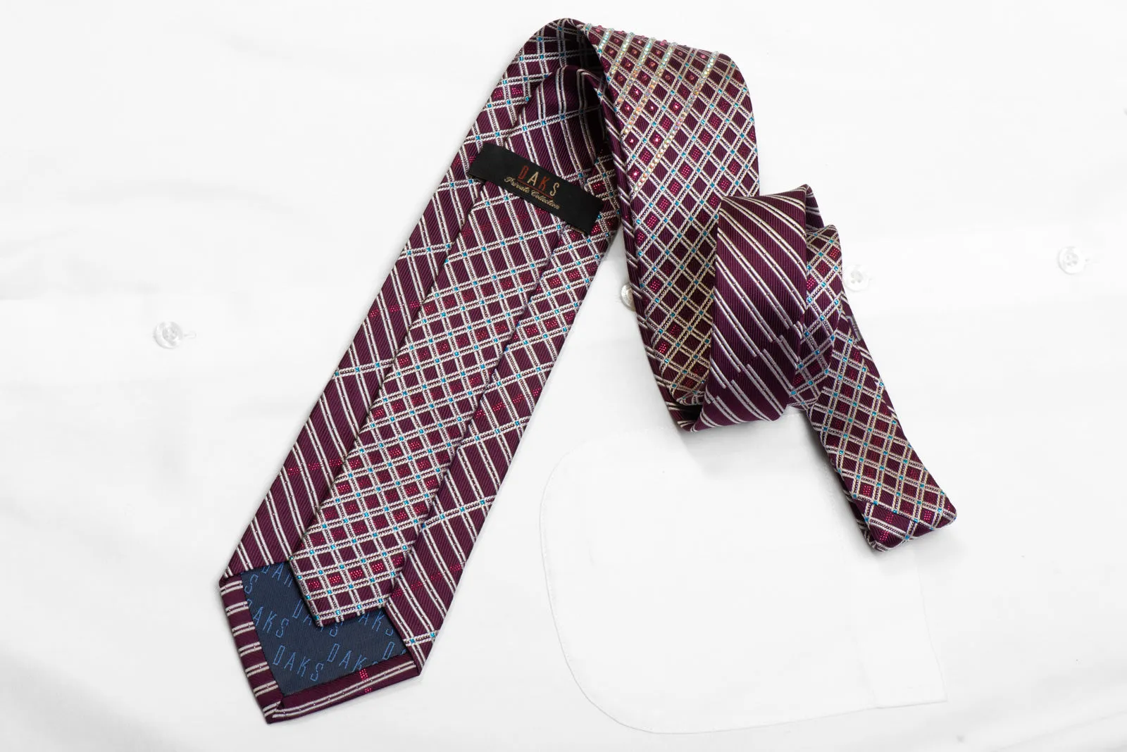 Daks Rhineswtone Silk Necktie Silver Striped On Purple With Sparkles