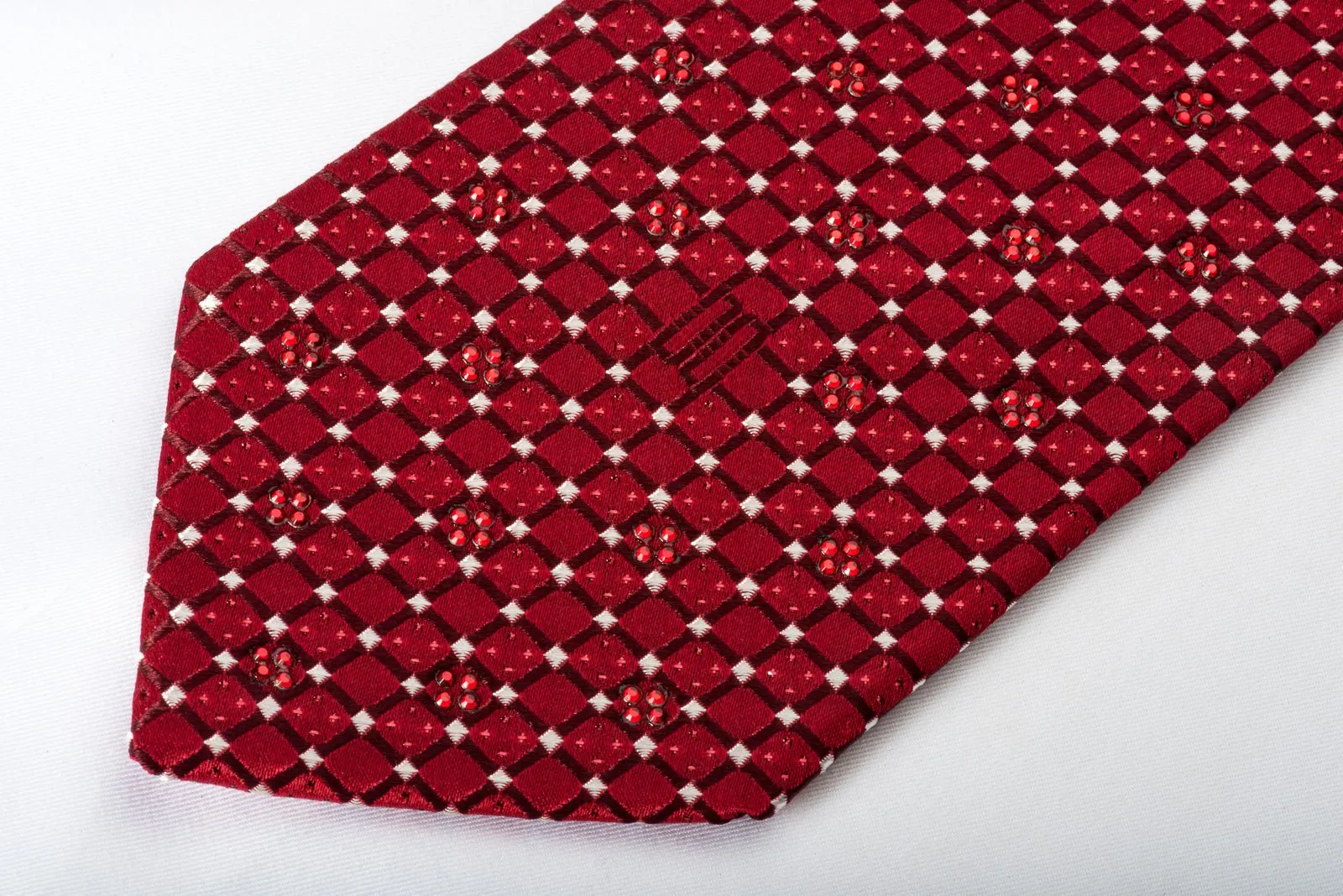 Daks Silk Tie Checkered Trellis On Burgundy With Rhinestones & Sparkles