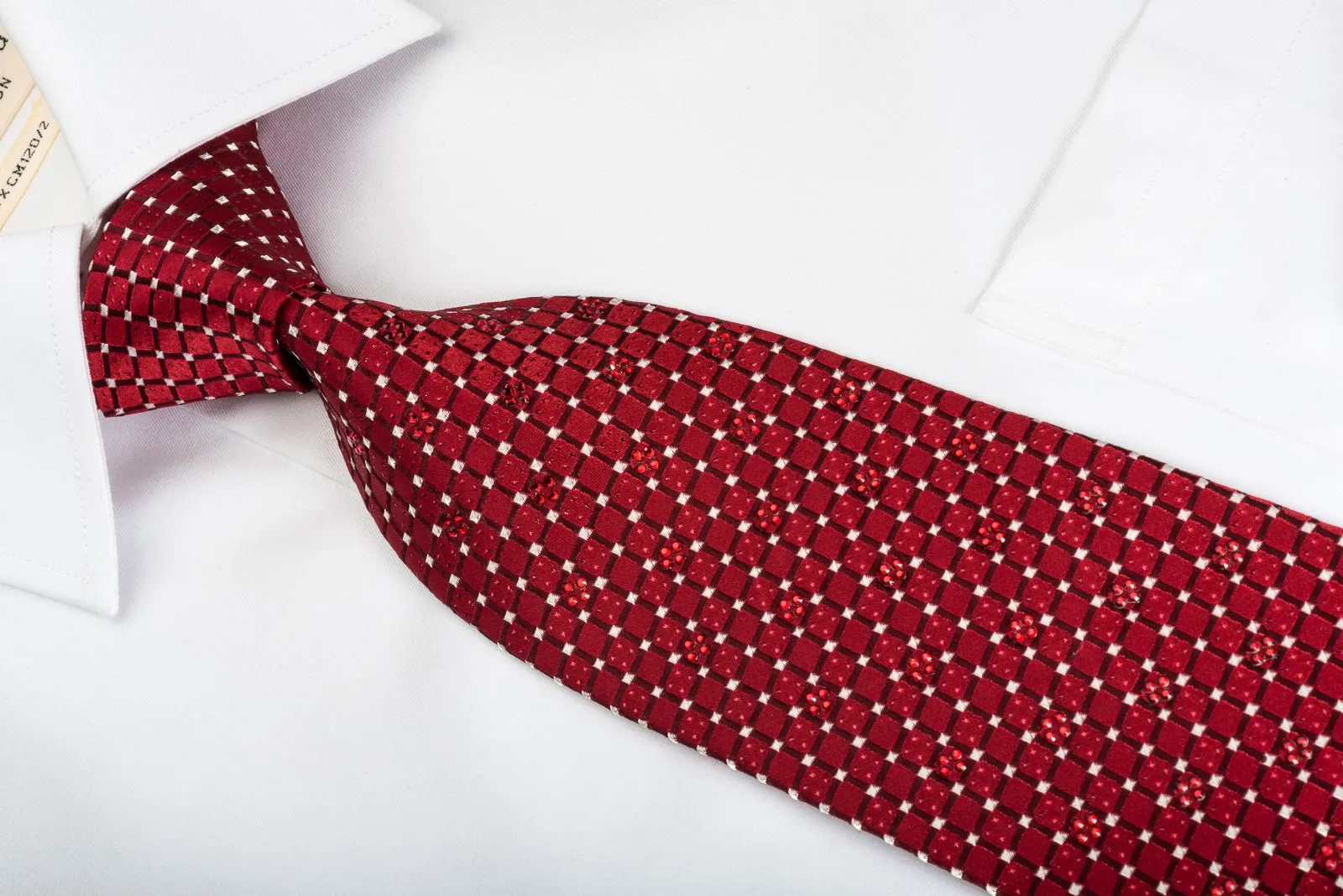 Daks Silk Tie Checkered Trellis On Burgundy With Rhinestones & Sparkles