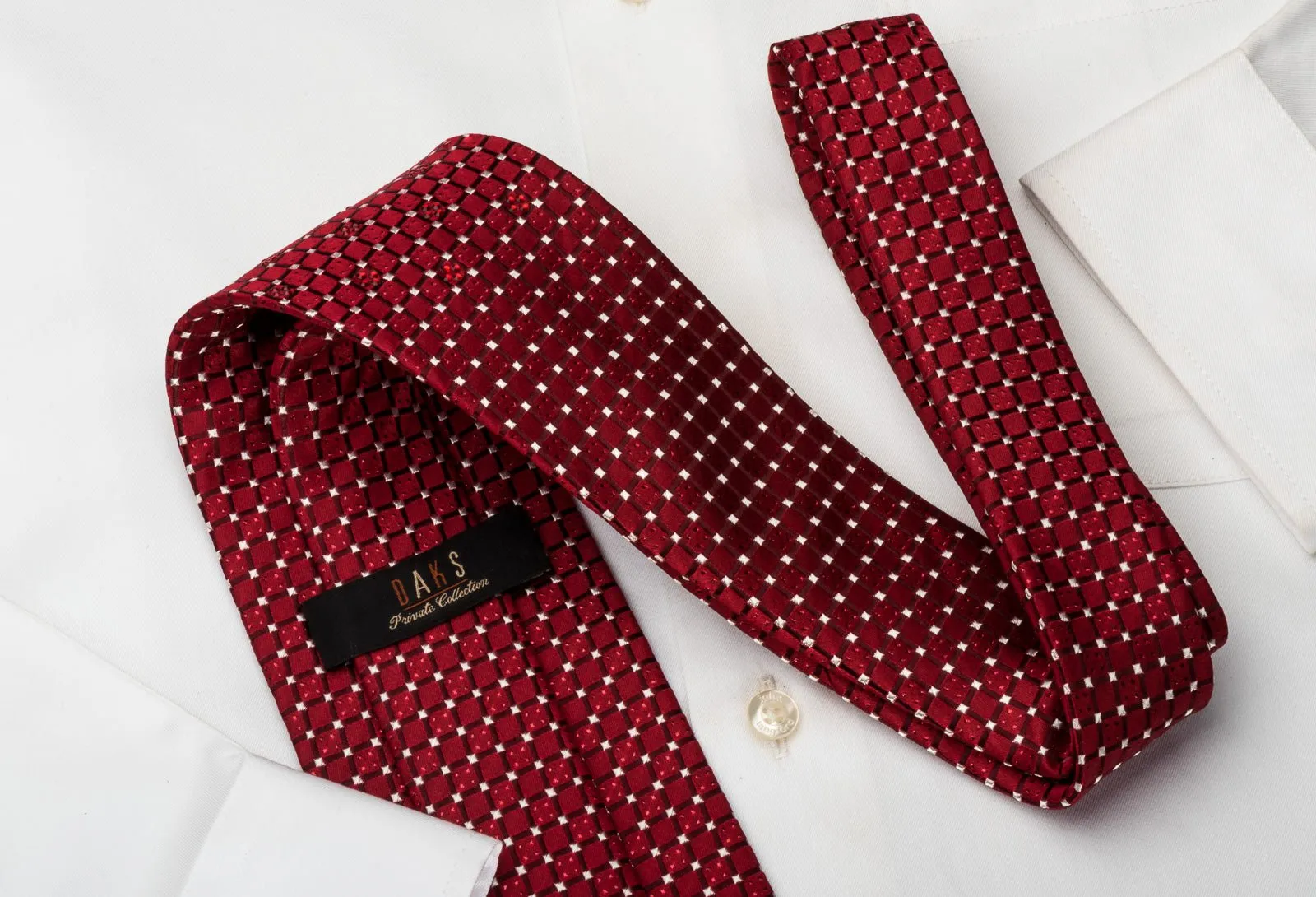 Daks Silk Tie Checkered Trellis On Burgundy With Rhinestones & Sparkles