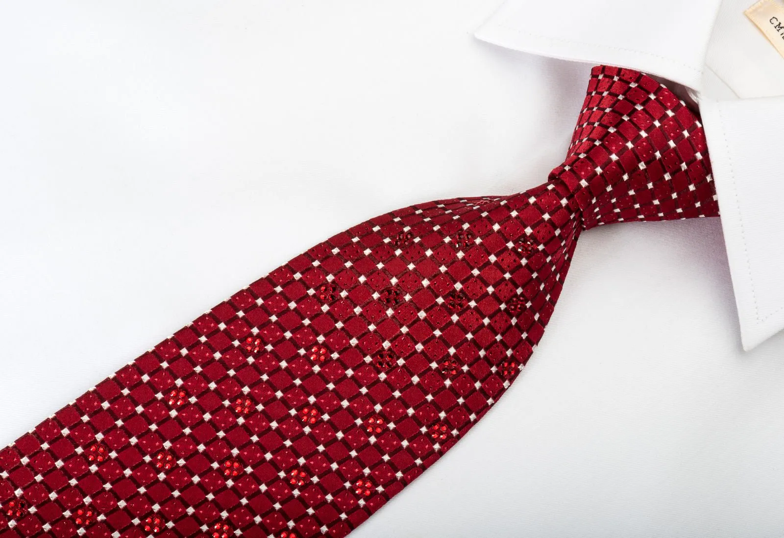 Daks Silk Tie Checkered Trellis On Burgundy With Rhinestones & Sparkles