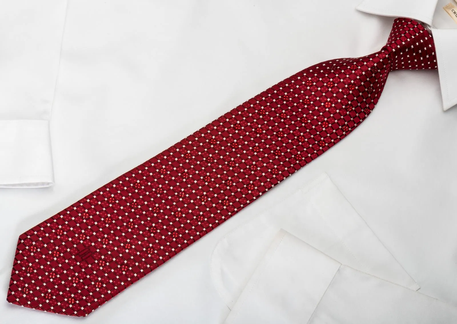 Daks Silk Tie Checkered Trellis On Burgundy With Rhinestones & Sparkles