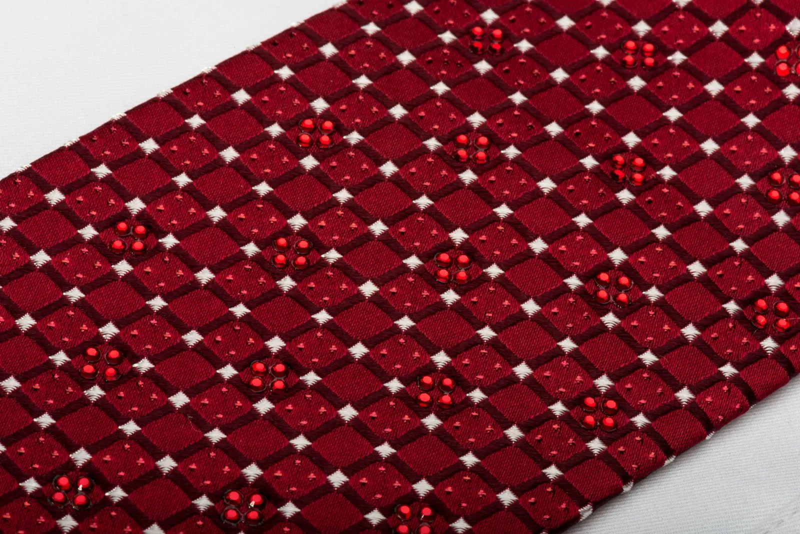 Daks Silk Tie Checkered Trellis On Burgundy With Rhinestones & Sparkles