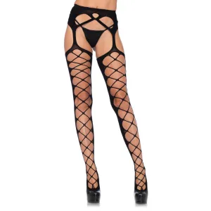 Diamond Net Opaque Stockings With Attached Garter - Black - One Size