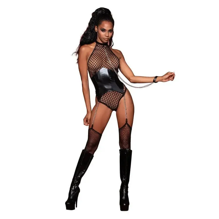 Dreamgirl Fishnet Halter Teddy with Faux Leather Corset