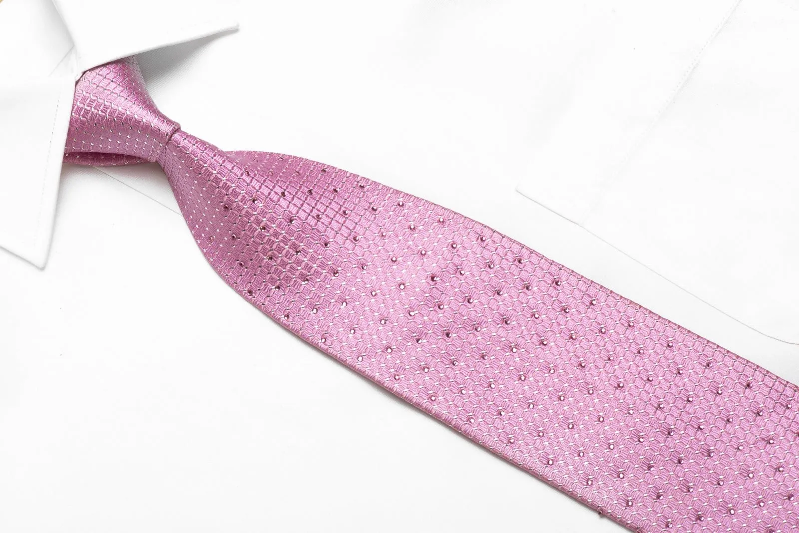 Elle Homme Men's Crystal Silk Tie Trellis On Pink With Silver Sparkles