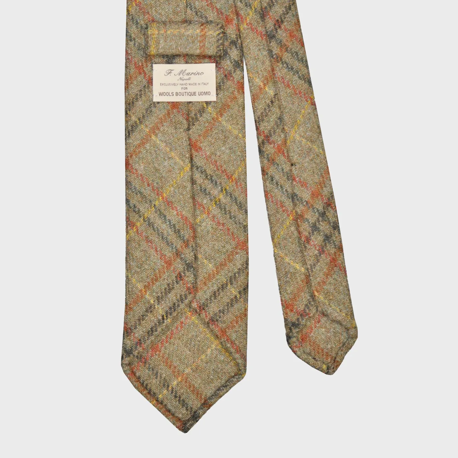 F.Marino Tweed Tie 3 Folds Glen Plaid Army Green