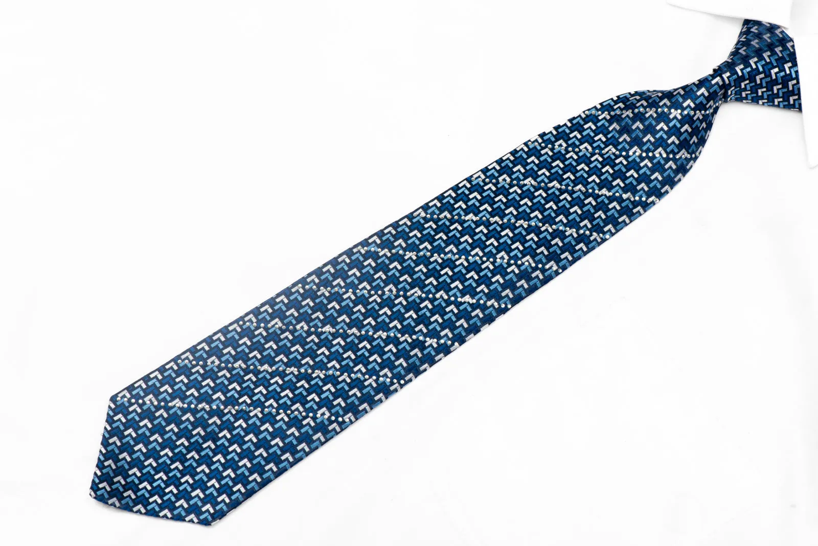 Geometric Design On Navy Rhinestone Silk Necktie