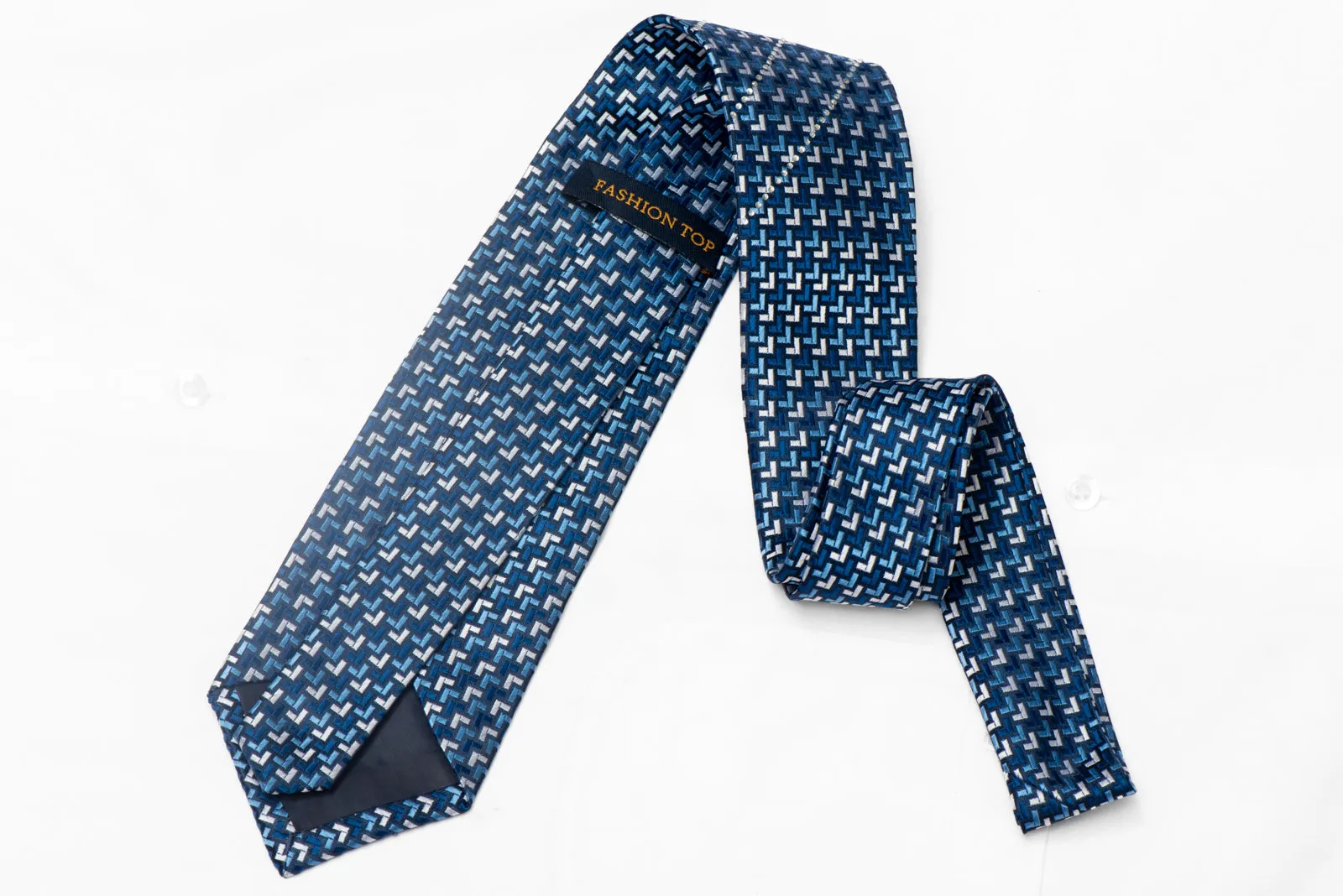 Geometric Design On Navy Rhinestone Silk Necktie