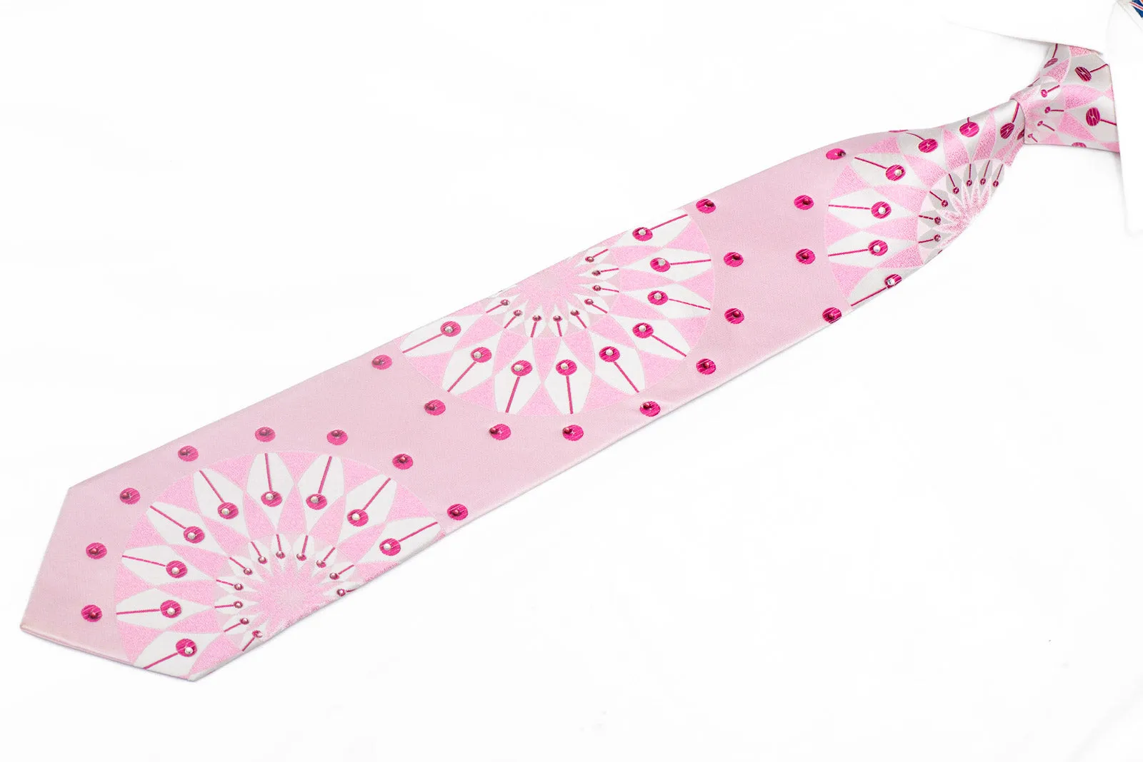 Geometric Design On Pink Rhinestone Silk Necktie