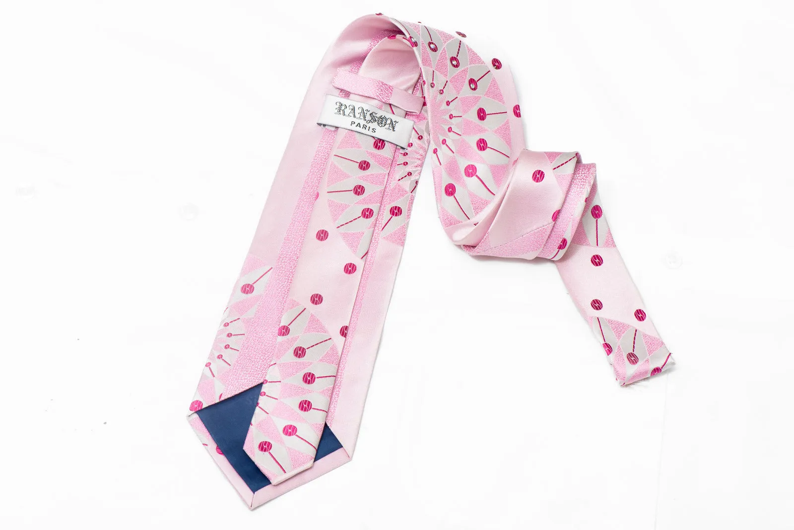 Geometric Design On Pink Rhinestone Silk Necktie