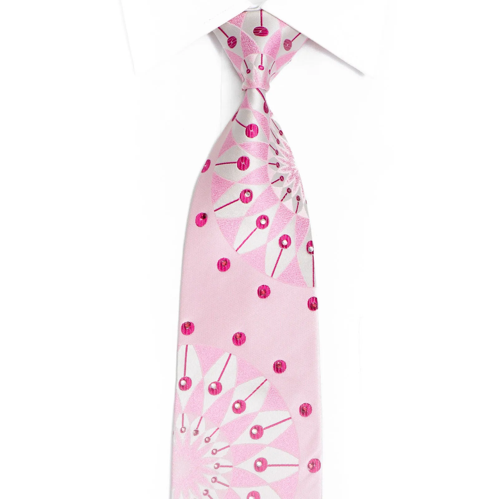 Geometric Design On Pink Rhinestone Silk Necktie