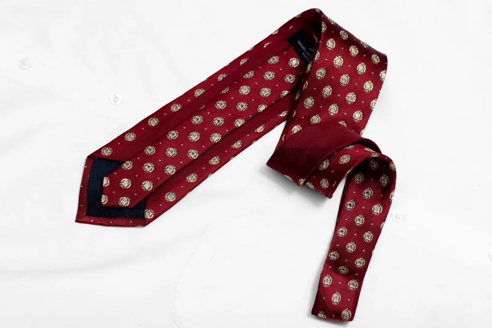 Gold Emblem On Burgundy Rhinestone Silk Necktie With Gold Sparkles