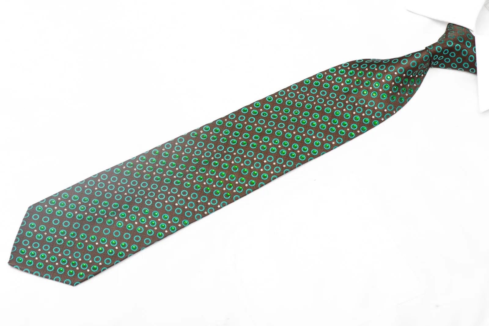 Green Geometric Circles On Brown Rhinestone Silk Necktie