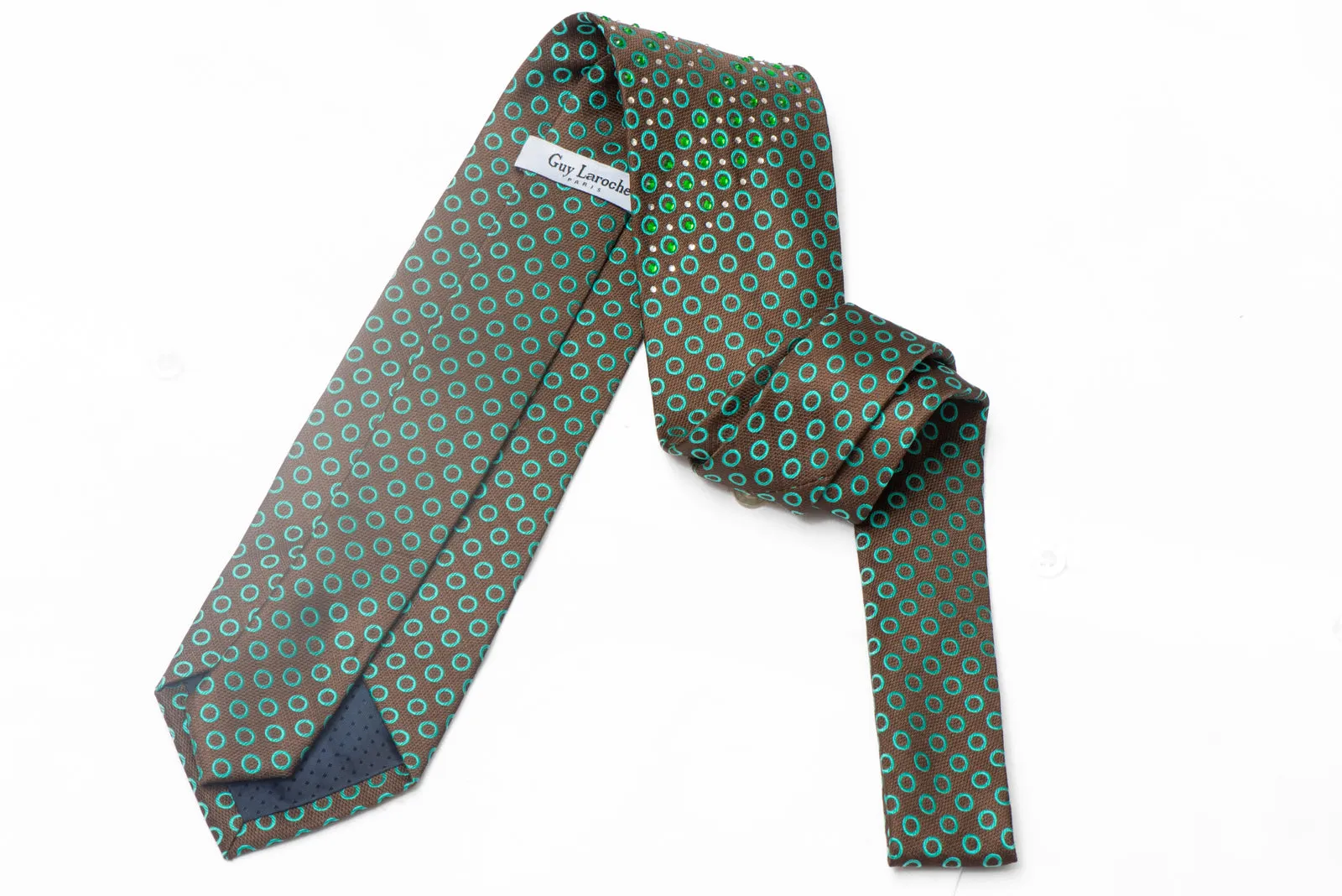 Green Geometric Circles On Brown Rhinestone Silk Necktie