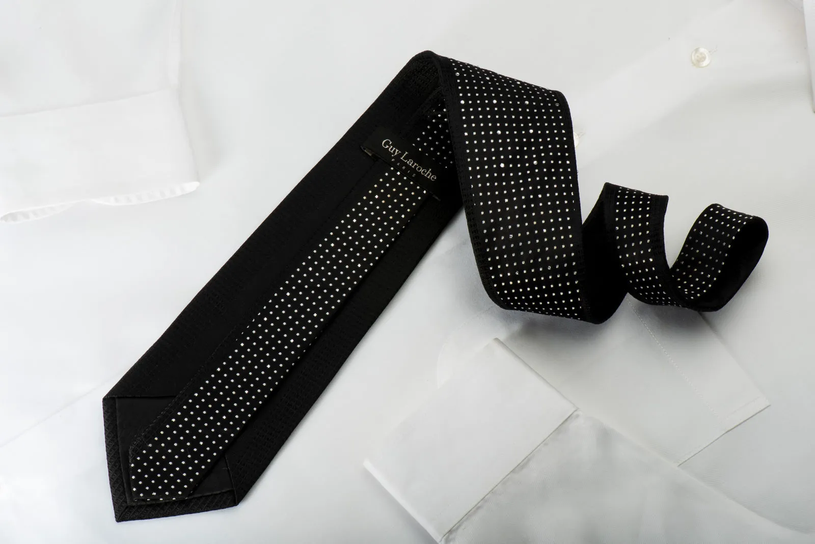 Guy Laroche Black Crystal Rhinestone Silk Necktie Silver Dots On Black