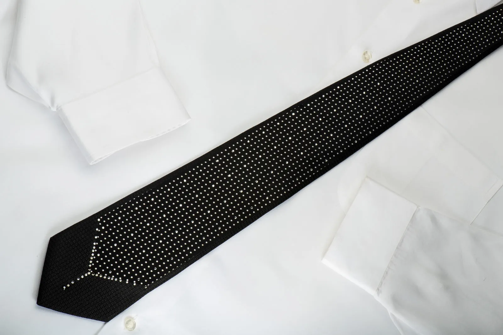 Guy Laroche Black Crystal Rhinestone Silk Necktie Silver Dots On Black