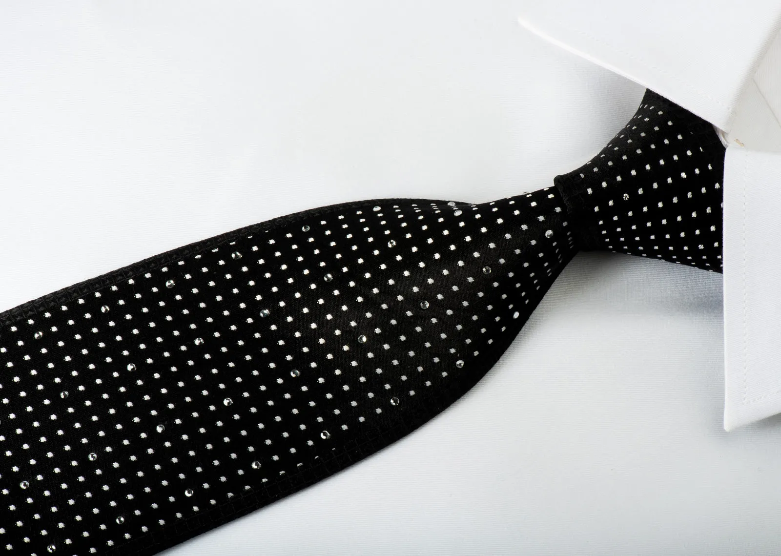 Guy Laroche Black Crystal Rhinestone Silk Necktie Silver Dots On Black