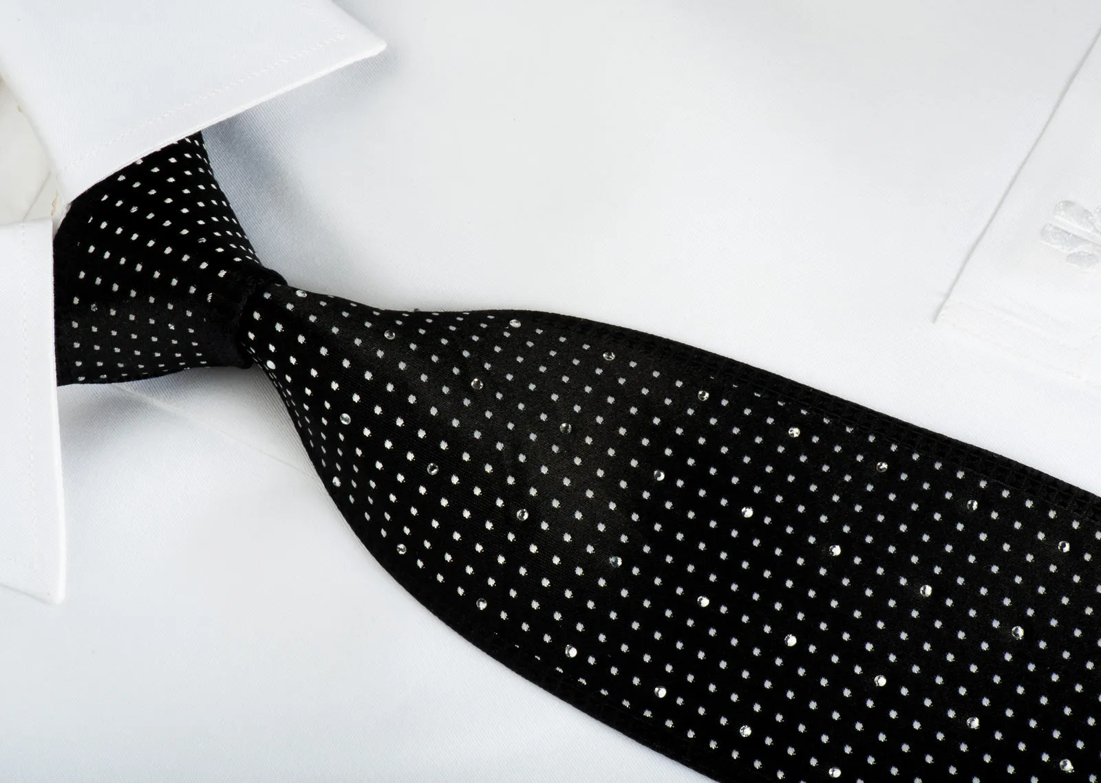 Guy Laroche Black Crystal Rhinestone Silk Necktie Silver Dots On Black