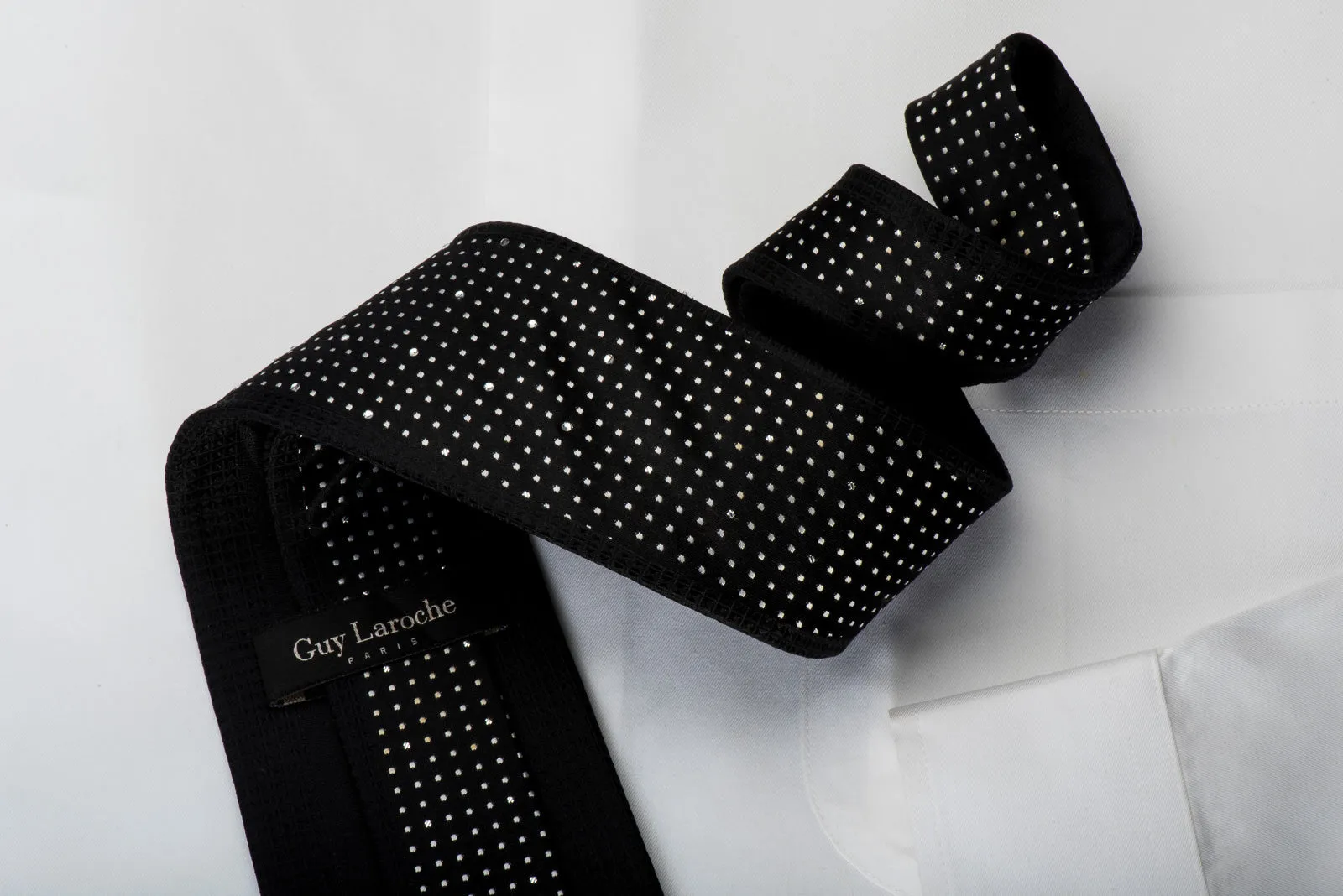 Guy Laroche Black Crystal Rhinestone Silk Necktie Silver Dots On Black