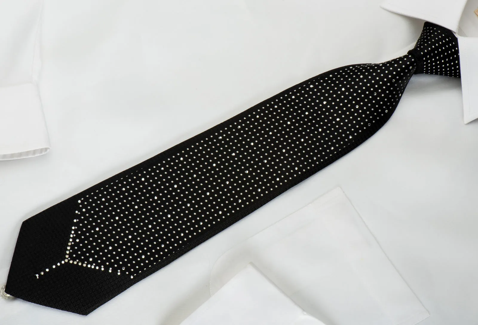 Guy Laroche Black Crystal Rhinestone Silk Necktie Silver Dots On Black