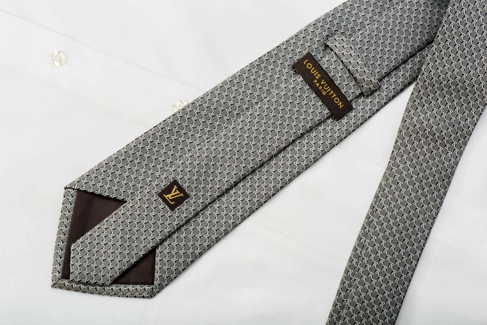 Louis Vuitton Silk Tie Silver Monogram On Black