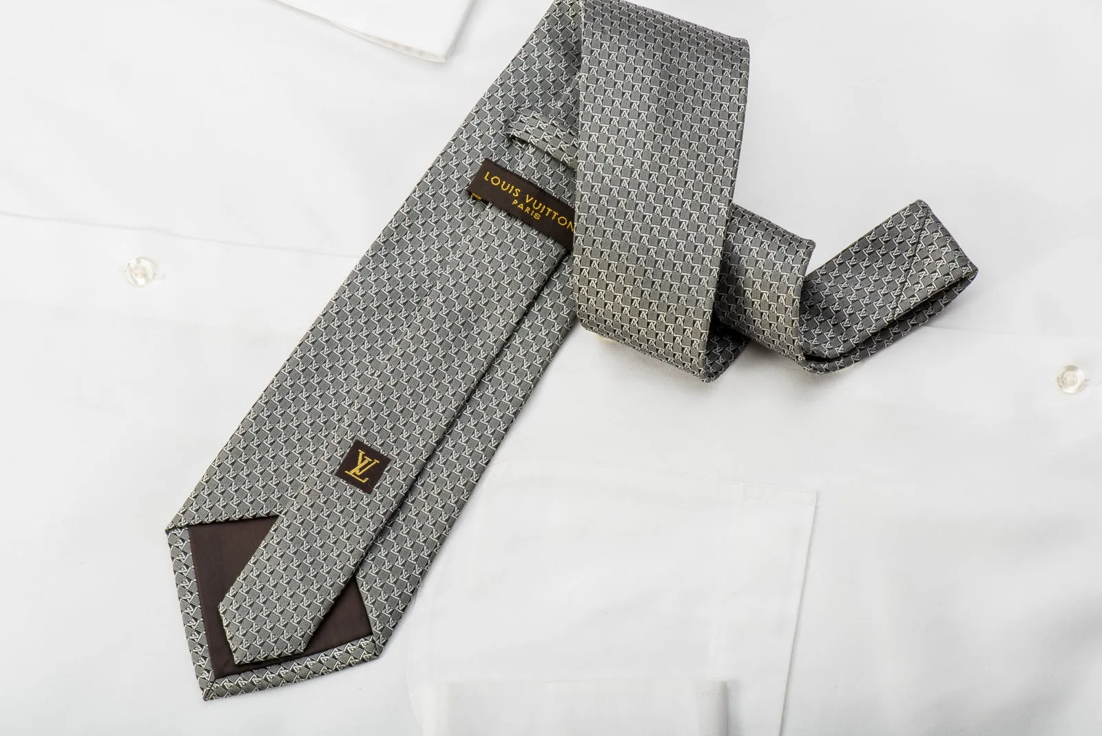 Louis Vuitton Silk Tie Silver Monogram On Black
