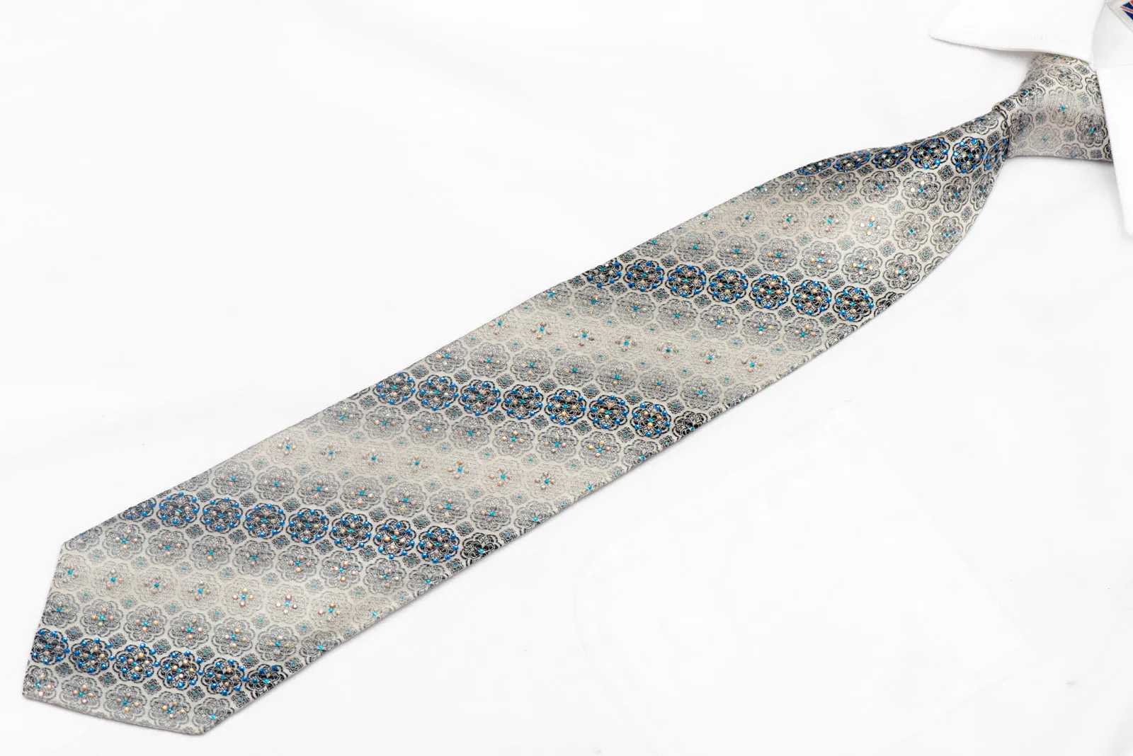 Medallion Patterns On Silver Rhinestone Silk Necktie With Blue Sparkles