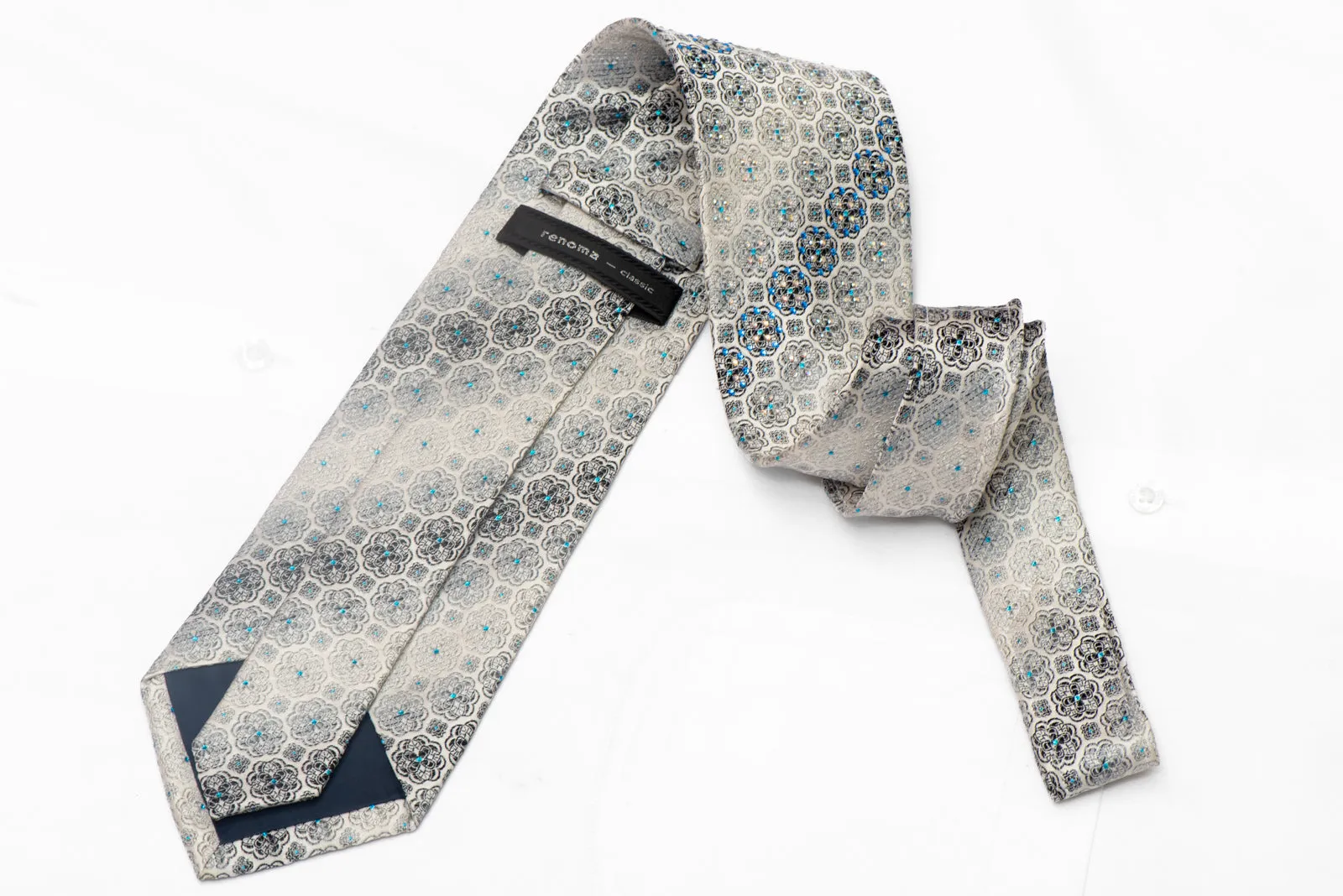 Medallion Patterns On Silver Rhinestone Silk Necktie With Blue Sparkles