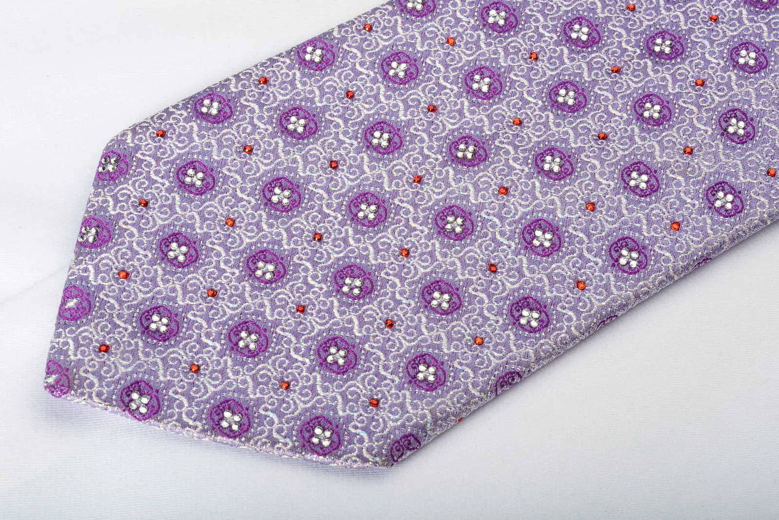 Mila Schon Silk Rhinestone Tie Silver Cartouche On Mauve With Silver Sparkles
